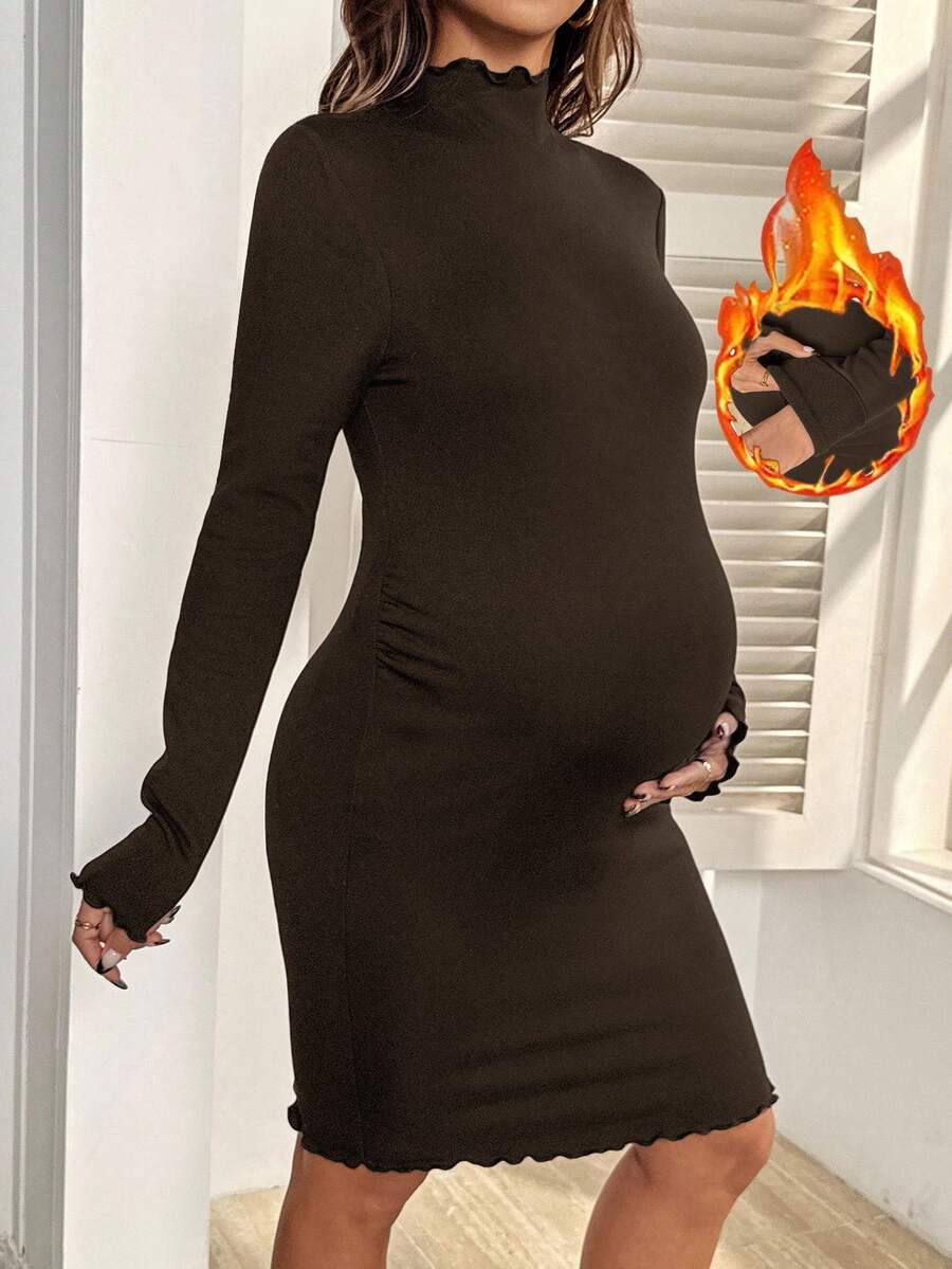 SHEIN Váy suông cổ đứng màu trơn thường ngày cho bà bầu, Thu/Đông - màu nâu - Xem 1