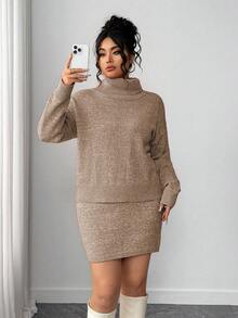 Elenzga Bộ đồ 2 món cỡ lớn cho nữ, áo len cổ lọ tay dài màu trơn rộng rãi và váy len siêu ngắn gợi cảm, phong cách Hàn Quốc giản dị và ngọt ngào - Màu Khaki - Xem 3