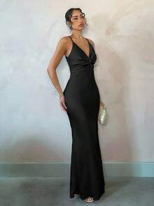 SHEIN BAE 夏季海滨度假优雅纯色杏色光滑缎面性感露背蝴蝶结长裙，适合日常约会、夜间外出、夜总会、派对、晚会、鸡尾酒会、泳池派对、节日礼服 - 黑色 - 查看 5