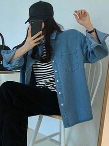 DAZY Women's Solid Color Loose Turndown Collar Denim Blouse, Spring/Autumn Long Sleeve Women - Blue - View 3