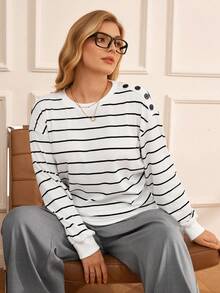 Rosumi 大码休闲条纹长袖T恤，适合通勤，秋季 - 黑與白 - 查看 1