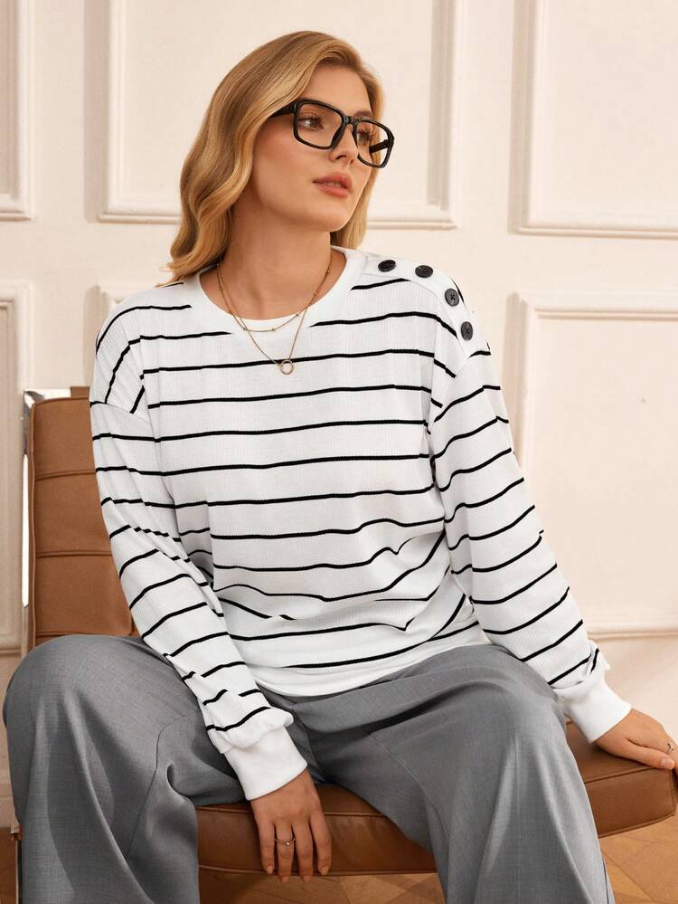 Plus Size Casual Striped Long Sleeve T-Shirt, Suitable For Commuting, Autumn/Winter,2025 New