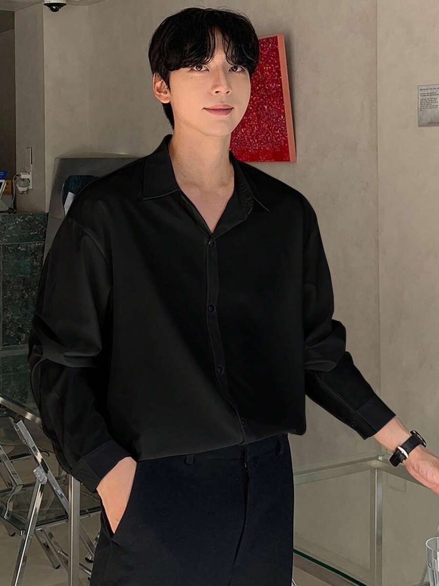 DAZY Camisa social casual masculina de cor sólida, versátil para deslocamento, primavera/outono - Preto - Ver 1