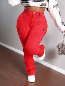 Slaydiva 大码休闲水洗褶饰修身工装牛仔裤 - 紅色 - 查看 4