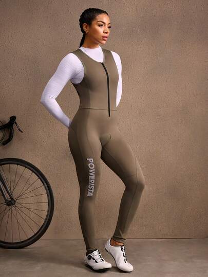 Powerista Women's Fitted V-Neck Zip-Up Casual Cycling Jacket, Thickened For Autumn/Winter Sport Jumpsuit For Women