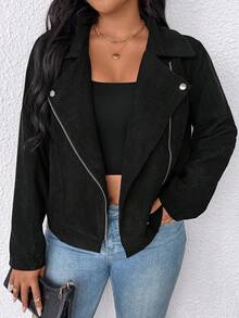 Juhart Plus Size Casual Solid Color Lapel Neck Zip-Up Jacket, Autumn - Black - View 6