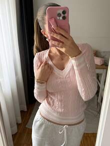 CovetEZ Jersey de punto de cable con ribete a rayas, parte superior para la escuela en otoño/invierno