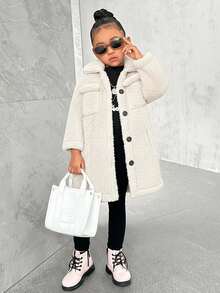 SHEIN 女童休闲珊瑚绒中长款翻领长袖夹克，适合冬季 - 白色 - 查看 4