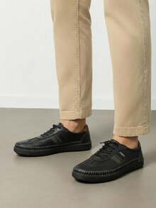 Zapatos de hombre auténtico costura visible punta redonda cordones suela antideslizante estilo casual urbano oficina primavera otoño - Negro - Ver 2