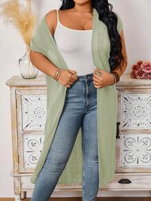 EMERY ROSE Plus Size Women Solid Color Batwing Sleeve Hollow Design Long Knitted Cardigan