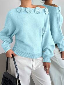 Selianne Women's Elegant Floral Rhinestone Decor Asymmetric Shoulder Solid Color Sweater - Baby Blue - View 5
