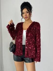 Rafferiza Uhlyne 女式亮片拼接人造毛皮夹克，时尚街头风格外套