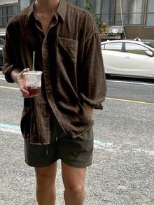 Men's Solid Color Long Sleeve Single Breasted Pocket Loose Casual Baggy Shirt, Autumn, Fall - Coffee Brown - View 3