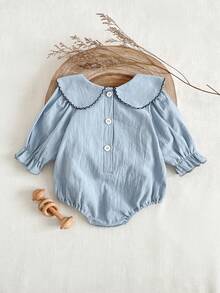 SHEIN Baby Girls' Countryside Embroidered Peter Pan Collar Bow Frill Cuff Long Sleeve Bodysuit, Autumn