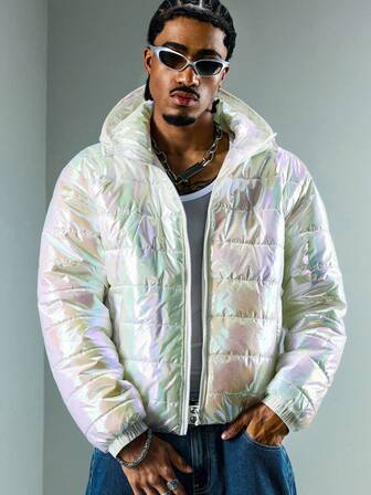 Street Life Men's Solid Color Minimalist Everyday Long Sleeve Mirror Pearl White Padded Coat