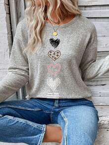 EMERY ROSE Casual Basic Apricot Long Sleeve Round Neck Heart Print Plus Size T-Shirt, Autumn/Winter - Apricot - View 4