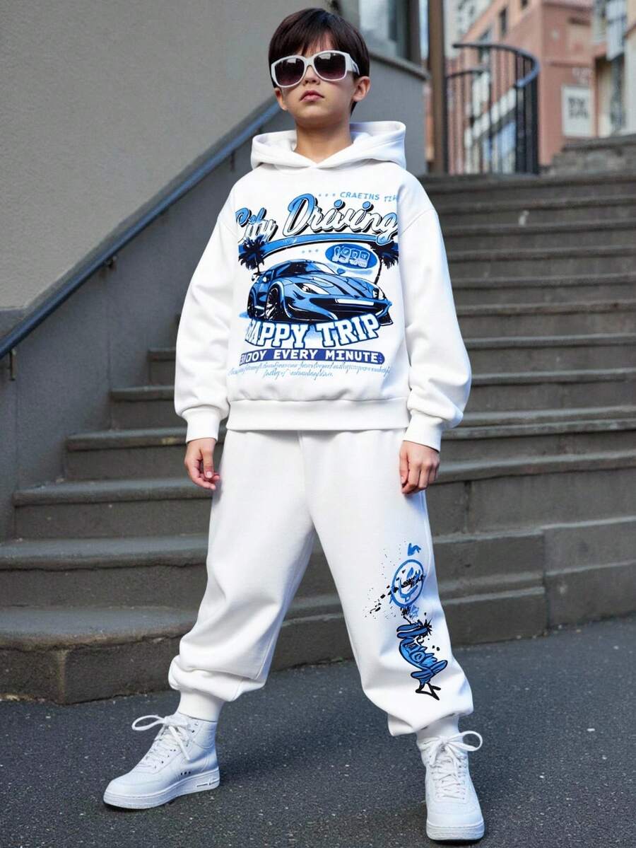 SHEIN 2 件套青少年男孩休闲街头时尚酷炫赛车涂鸦印花连帽衫和运动裤套装，适合通勤、上学、休闲外出、运动、秋冬 - 白色 - 查看 1