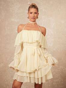 SHEIN Privé 女式休闲度假风格纯色露肩系带荷叶边袖系带迷你连衣裙，春夏秋 - 杏色 - 查看 2