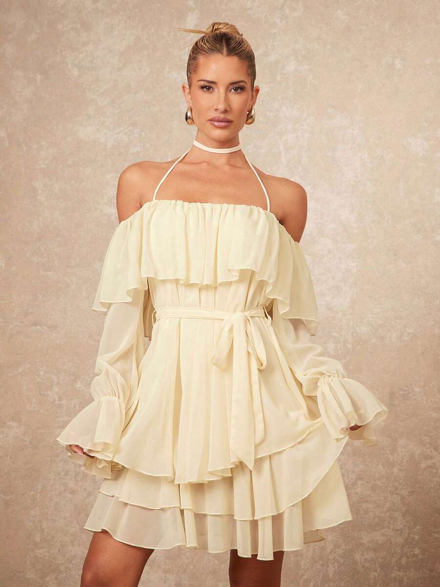 SHEIN Privé 女式休闲度假风格纯色露肩系带荷叶边袖系带迷你连衣裙，春夏秋
