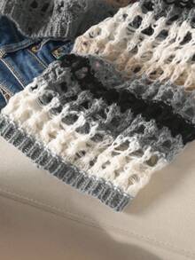 CosyJoli Plus Size Casual Blue & White Striped Hollow Out Boat Neck Loose Cropped Long Sleeve Sweater In Fall/Winter