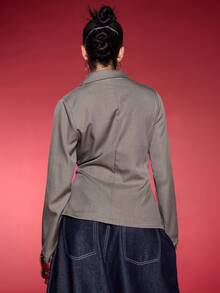 Normani جاكيت بدلة خصر مزينة بمعدن بني رمادي من قماش الكتان المقلد/ملابس نسائية للخريف/إطلالات نسائية للخريف/إطلالات للعودة إلى المدرسة/حفل العودة/ملابس كاجوال للعمل/أسلوب المال القديم للنساء/إطلالات مكتبية للنساء/إطلالات للخروج، ملابس خريفية للنساء