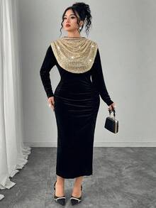 Modelyn Elegantes Partykleid für Damen in Große Größen mit Rüschenkragen, Samt- und Pailletten-Patchwork - Schwarz - Übersicht 7