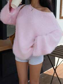 Ritzy Row 2025 女装秋冬新款时尚宽松休闲法式浪漫仿毛针织毛衣 - 粉色 - 查看 6