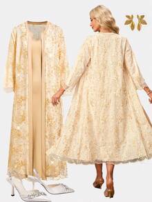 Ellevyn 金色蕾丝夹克和连衣裙优雅女士套装，适合派对、商务聚会 - 金色 - 查看 6