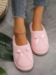 Mujer felpa suave lazo decorativo punta redonda sin cordones suela baja estilo hogareño otoño invierno descanso pantuflas - Rosa - Ver 2