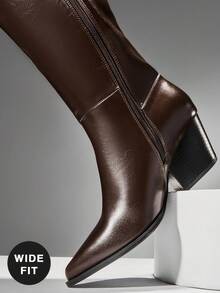 SHUZIA 女式宽筒迷人舒适尖头粗跟及膝长靴 - 咖啡棕 - 查看 6