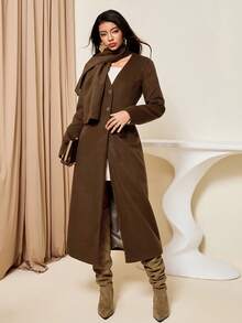 Lyxana Women's Mid-Length Overcoat With Large Buttons - Coffee Brown - View 6