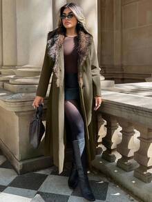 Xyvia 标准尺寸女式长款翻领大衣，仿毛领，双排扣，A 字型，秋冬款 - 軍綠色 - 查看 6