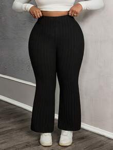 SHEIN PETITE CURVE Women's Plus Size Solid Color Flared Pants With Slit - Black - View 6