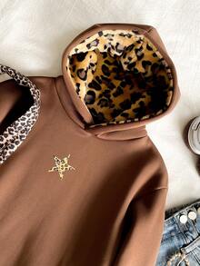 Tween Girl Casual Street Leopard Fluffy Hat, Five-Pointed Star & Leopard Print Pattern, Suitable For Street Style, Hooded Sweatshirt - Brown - View 3