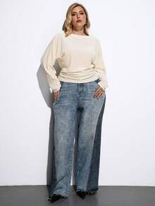 Maija 大码女式纯色简约长袖上衣，日常穿着 - 米色 - 查看 3