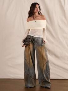 Easelle Vintage Boho Sexy Casual Off-Shoulder Fitted Sexy Elegant Flare Sleeve Women Top Lace Old Money - Apricot - View 1