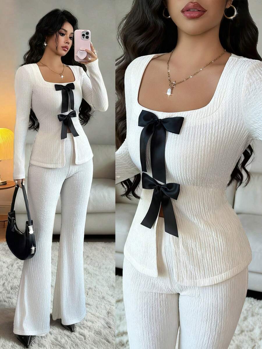 SHEIN Elenzya 女式杏色纹理方领撞色黑色蝴蝶结腰长袖上衣和喇叭裤优雅性感装扮,适合派对、音乐节、旅行、秋冬 - 杏色 - 查看 1