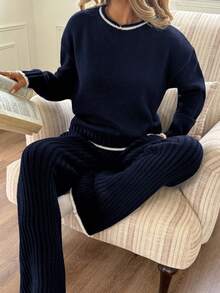 SHEIN 2pcs/Set Teen Girls' Contrast Color Knit Sweater All-Match, Casual Versatile, Suitable For Autumn/Winter - Navy Blue - View 5