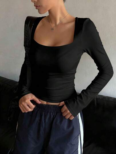 DAZY Camiseta de manga larga ajustada con cuello cuadrado para mujer, unicolor