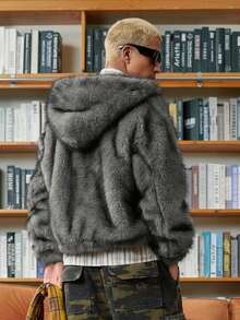 STEELVANCE Men's Long Sleeve Faux Fur Hooded Zip-Up Coat, Elegant Outerwear For Dating, Photo Shoots, Casual Wear, Autumn/Winter New Vintage Streetwear - Grey - View 2