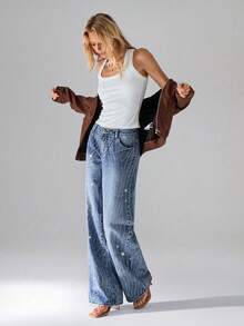 TRNVIE Women's Low Waist Pockets Rhinestone Embellished Loose Casual Wide Leg Jeans - Medium Wash - View 5