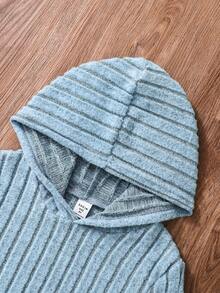 SHEIN 女孩子實色針織連帽上衣配擴腿褲兩件套 - 淺藍色 - 查看 3