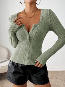 Siren Gaze Women's Sage Green Rib Knit Top, Front Center Button, Long Sleeve Tee Winter - Mint Green - View 5