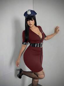 POPSWAY Plus Size Women Cosplay Costume Blue Dress - Burgundy - View 3