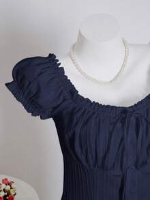 Sweetra Women's Summer Solid Color Ruffle Hem Tie Waist Short Sleeve Blouse - Navy Blue - View 4