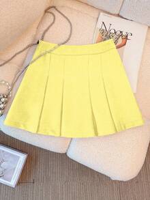 SHEIN LUNE Women's Solid Color Pleated Casual Mini Skirt - Yellow - View 2