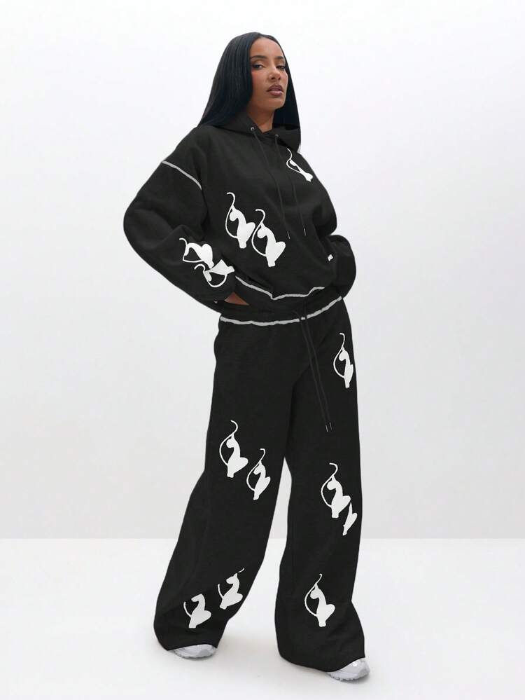 BABYPHAT Baggy Wide Leg Sweatpants With All Over Print Pattern Comfortable Loungewear For Fall Winter