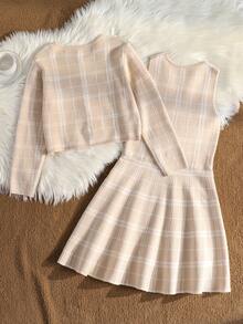 2 件套女童针织长袖开衫和无袖连衣裙套装，棕色和米色，圆领，手工刺绣珍珠纽扣，格纹图案，节日装 - 卡其色 - 查看 2