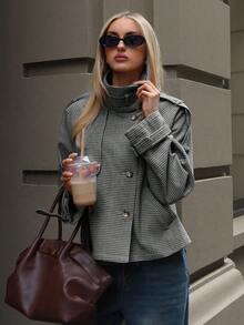 Aloruh Women's Casual Loose Houndstooth Patterned Jacket - Black and White - View 6