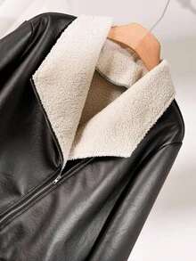 CosyJoli 大码休闲摩托车夹克，PU 皮革和毛皮衬里，黑色外套短款皮夹克女士秋冬服装